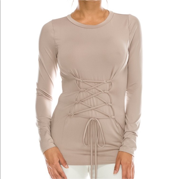 Green Long Sleeve Soft Staple Tee W Corset Front - Picture 4 of 5